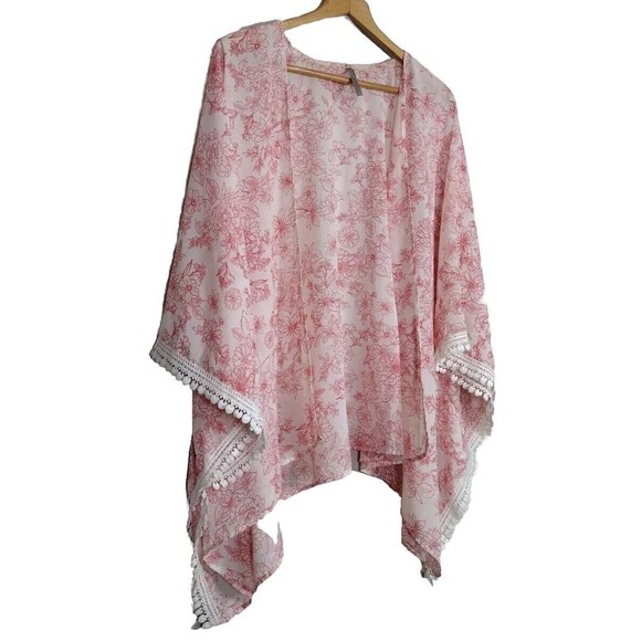 Women's Fringe Cardigan Pink Kimono Short Sleeve Size Os Cover up - Picture 2 of 9